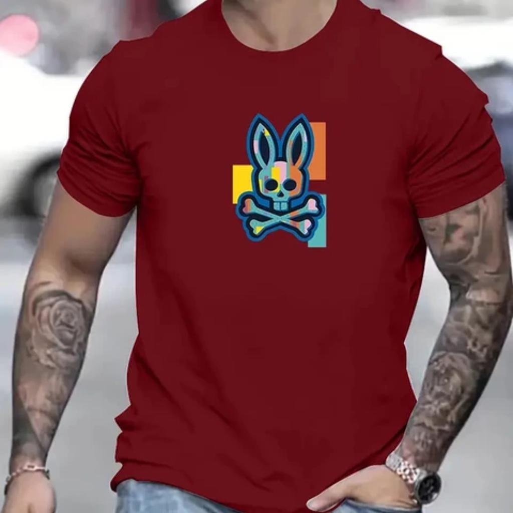 Men's colorful rabbit logo printed T-shirt, hip-hop trend Harajuku street clothing, round neck short sleeved casual top,