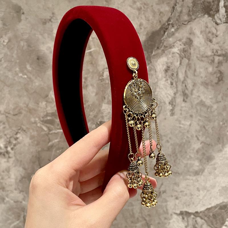 Ethnic Headband Wine Red Christmas Headbands Tassel Pendant Hair Accessory Mixed Materials Retro Hairband For Cosplay Party