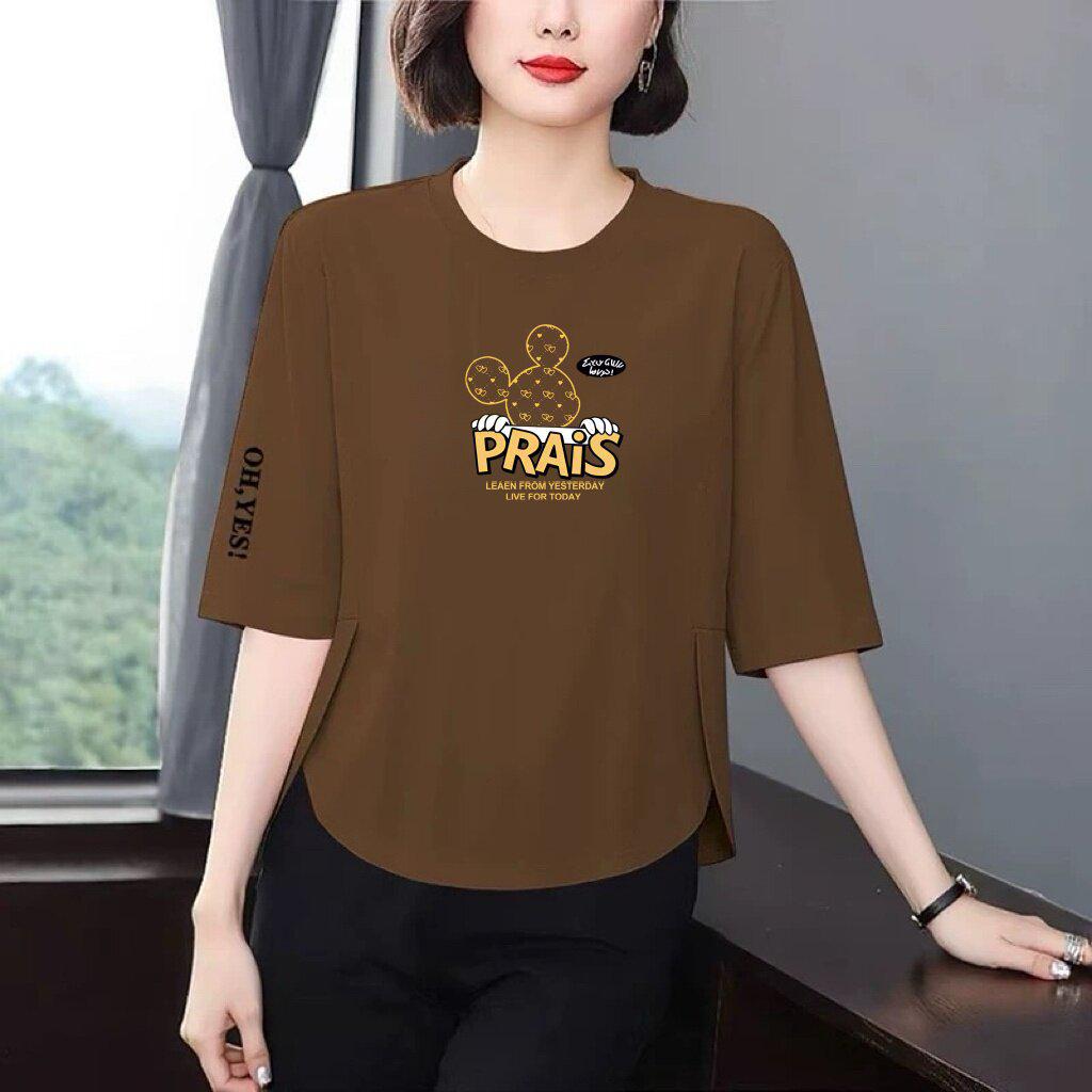 Mom s Stylish Seven-Sleeve Women s Tee: Loose, Slimming, Flaw-Hiding, Printed, Youthful, Versatile for Middle-Aged 3XL