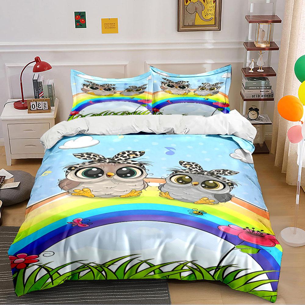 Cute Owls On Rainbow Print Bedding Duvet Cover Set (1*Duvet Cover 2*Pillowcases, Without Duvet Insert)