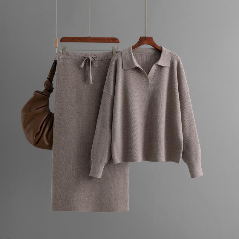 

Женская мода повседневный свободный трикотажный комплект из 2 предметов: юбка-поло с воротником поло и длинными рукавами, комплект из 2 предметов на шнуровке One Size хаки