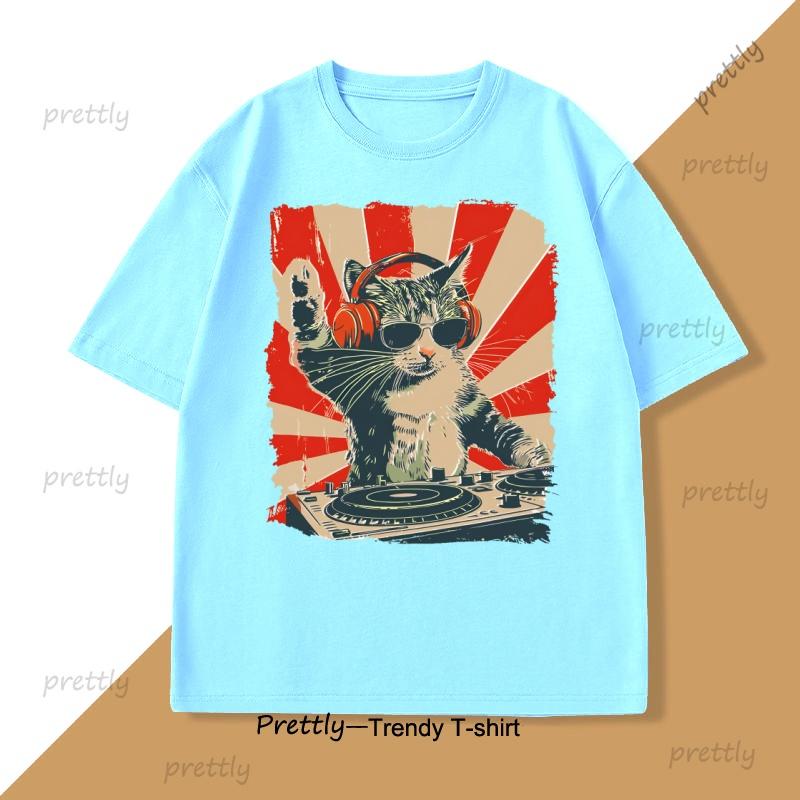 Cool DJ Cat TShirt Funny Cat with Headphones Graphic T Shirts Trendy Short Sleeve Round Neck Tshirt Streetwear Cotton Tees