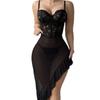 Women Exotic Sets Lace Sheer Mesh Lingerie Dress Spaghetti Strap Corset Bust Irregular Ruffle Slit See Through Sexy Sleepwear