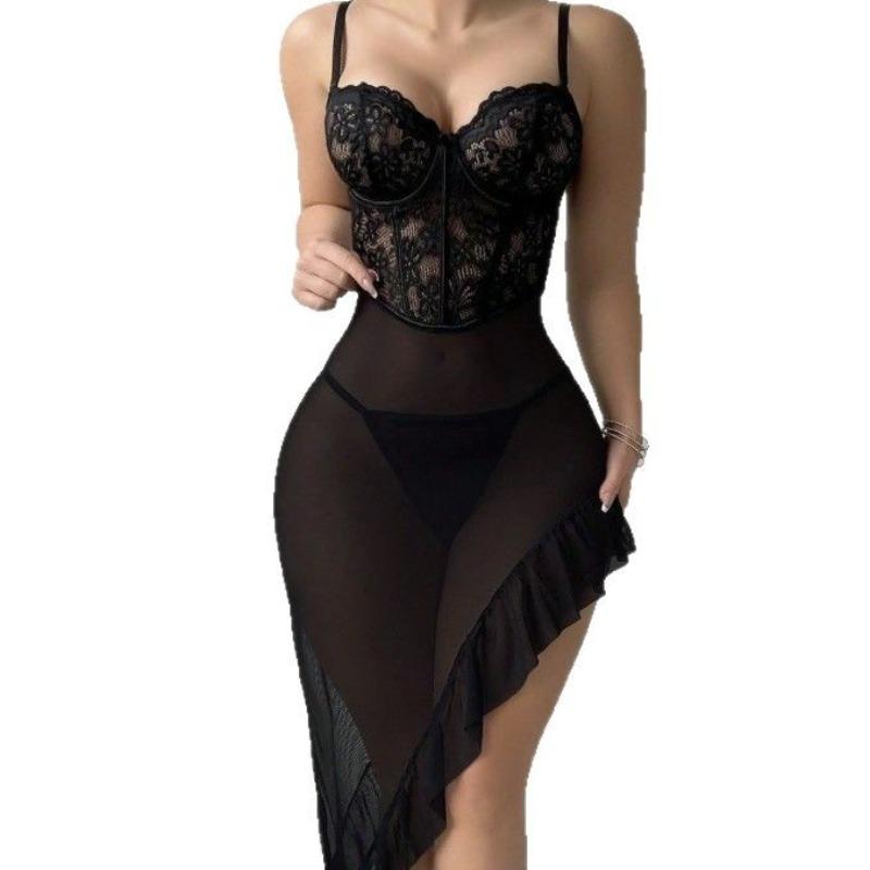 Women Exotic Sets Lace Sheer Mesh Lingerie Dress Spaghetti Strap Corset Bust Irregular Ruffle Slit See Through Sexy Sleepwear