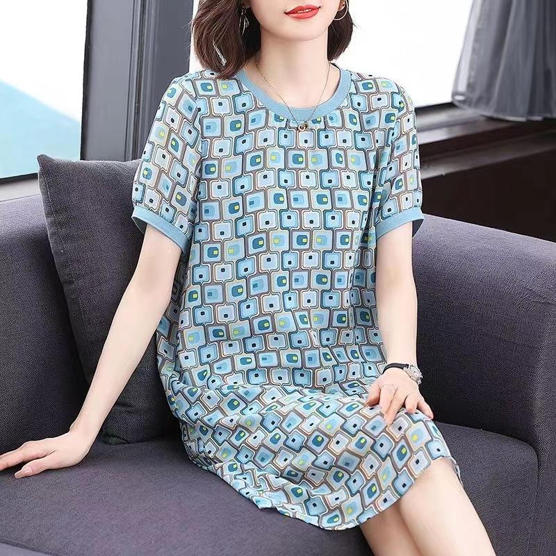 Ice Silk Short-sleeved Dress Women's Summer New Women's Plus-size Mid-length Fat Mm Slimming Flesh Skirt
