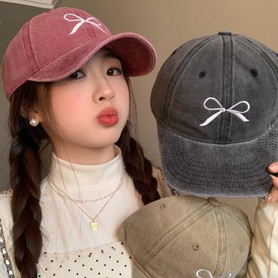 Retro Washable and Old Bow Embroidered Baseball Cap for Women  New Spring Style  Large Brim  Bare Face Covering Baseball Cap