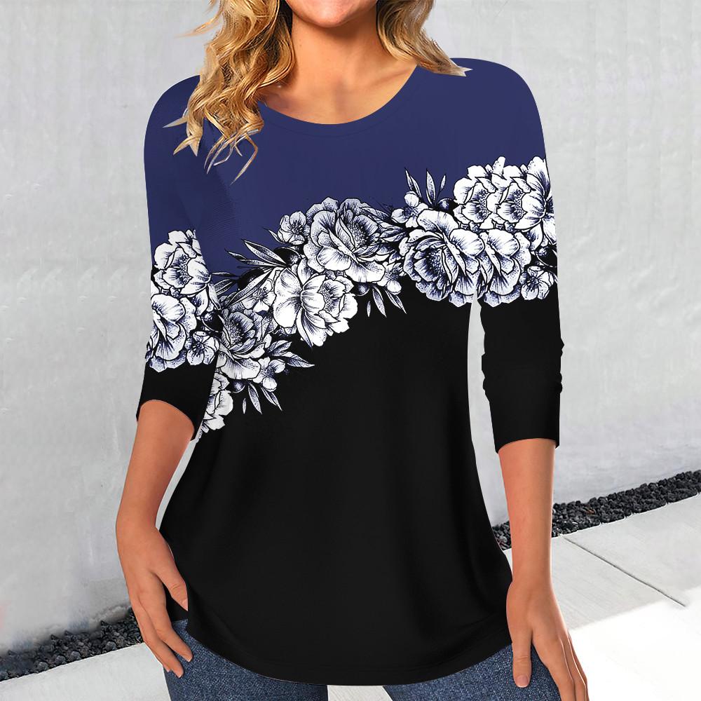 Women's Casual Rose Print T-shirts Elegant Fashion Clothes Streetwear Vintage Long Sleeve Loose Tops