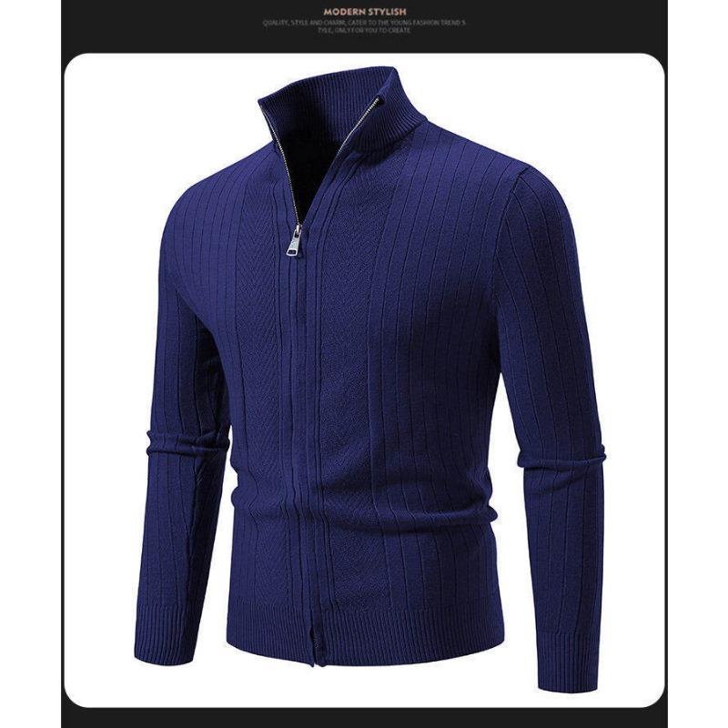 Mens Stand Collar Thickened Jacquard Zip Up Cardigan Knit Sweater