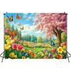 2D Cherry Blossom Backdrop, Pink Sakura Tree with Butterflies Photo Background for Studio Photography