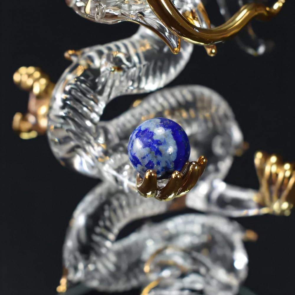Fourcart Cute Handmade Glass Craft with Natural Stone Rising Dragon (Lapis Lazuli)
