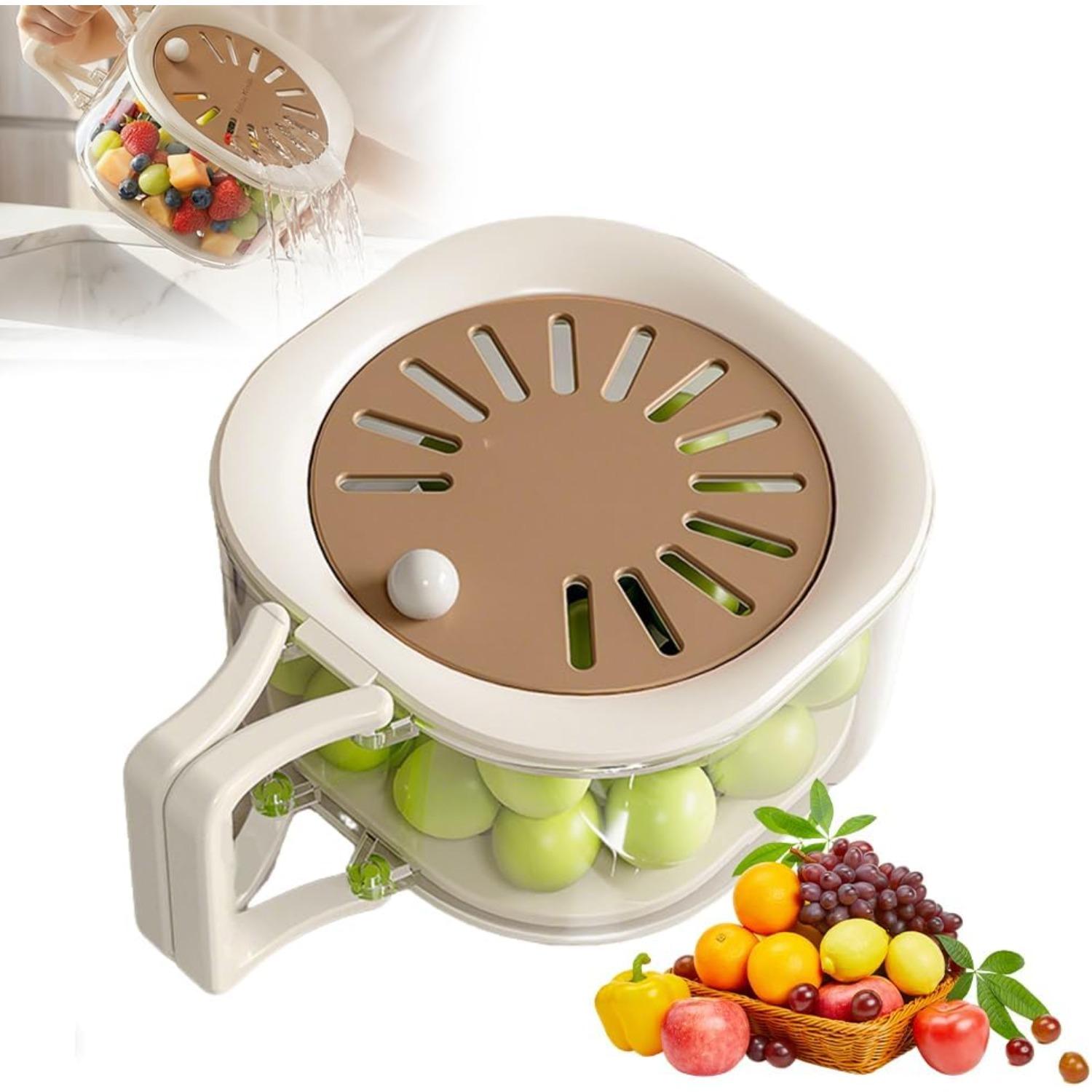 2-in-1 Draining and Preservation Basket,Multifunctional Fruit and Vegetable Washing Bowl with Handle Fruit Strainer Container and Lid for Kitchen коричневый