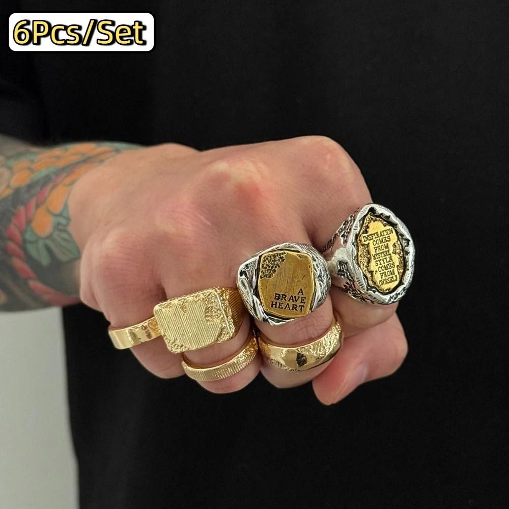 6Pcs/Set Punk Rings Hip-hop Men Rings Retro Geometric Open Rings  Male