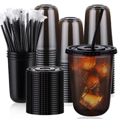 100 Set 16oz Plastic Cups with Lids and Straws, Disposable Black Clear Iced Coffee Cup with Lid, Round Bottom Plastic To Go Cups