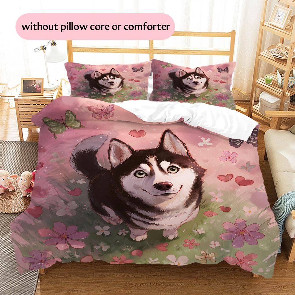 Cartoon Husky Muster Bettwäsche Heimdekoration Geburtstagsgeschenk (1 Bettbezug + 2 Kissenbezüge, ohne Füllung)