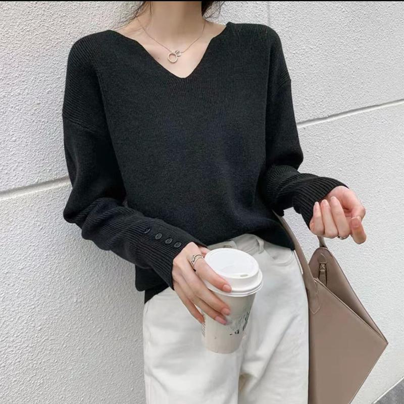 Women Autumn Korean Basic Casual Sweater V-Neck Long Sleeve Knitted Sweaters Solid Jumper Bottoming Pullovers Top