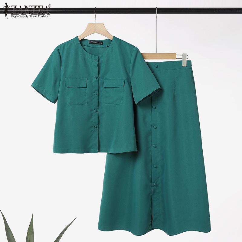 ZANZEA Women Short Sleeve Blouse and Long Skirts Summer Two Piece Suit Sets
