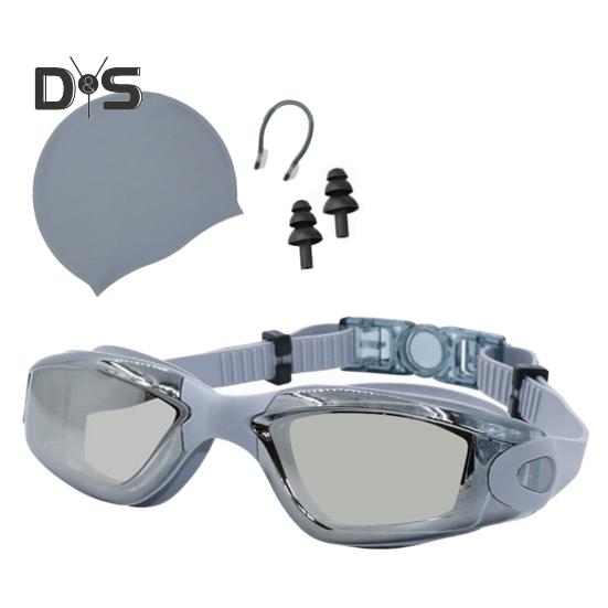 

Очки для плавания с шапочкой для взрослых Силиконовые противотуманные очки для дайвинга с шапочкой Носовой зажим Беруши Купальный костюм для бассейна Пляж Дайвинг серый