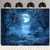 2D Blue Night Forest Tapestry Full Moon In a Foggy Mystical Woodland Wall Decor