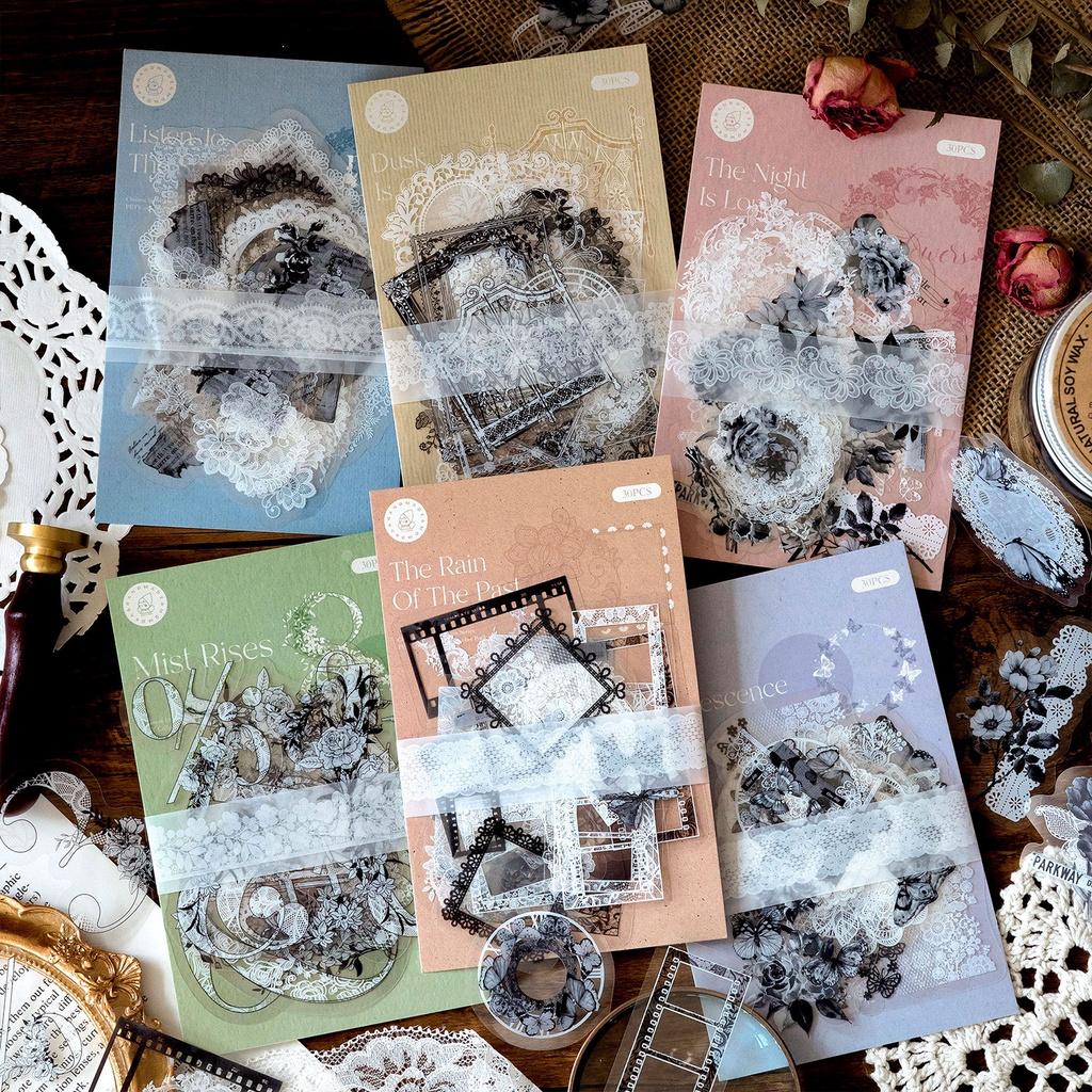30PCS/Pack PET Lace Stickers Pack White and Black Theme Sticker for Scrapbooking Diary Decoration