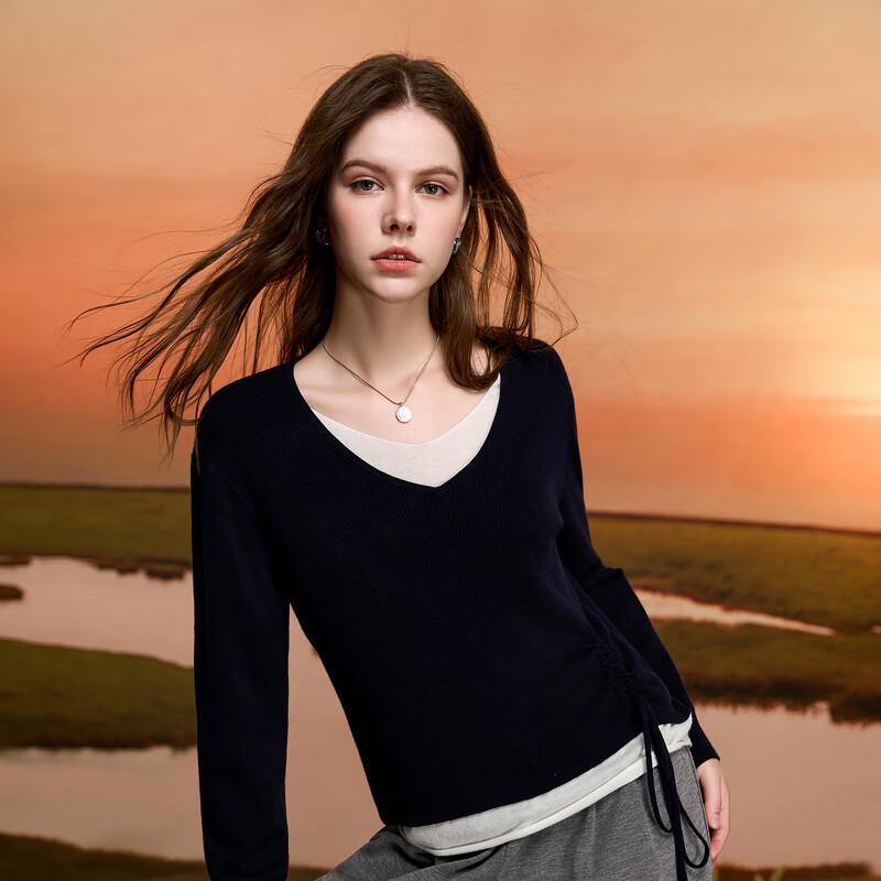 Three Color 2025 Autumn Women's Fake Two-Piece V-Neck Knit Sweater