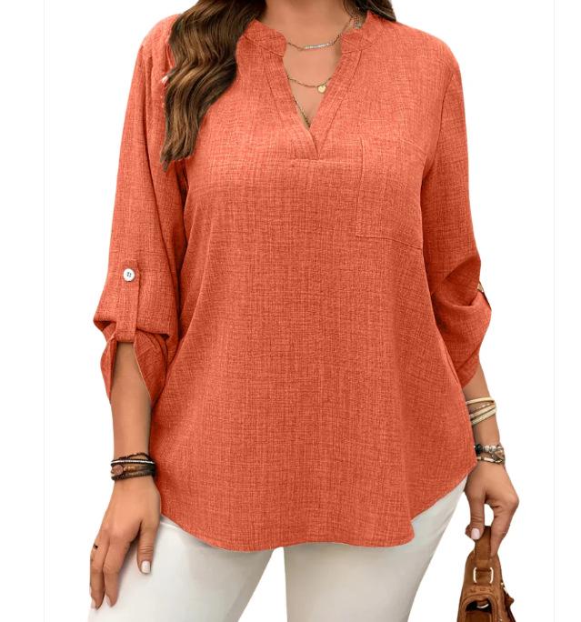 2025 Plus Size Women's V-Neck Button Top - European/American Spring & Autumn Fashion