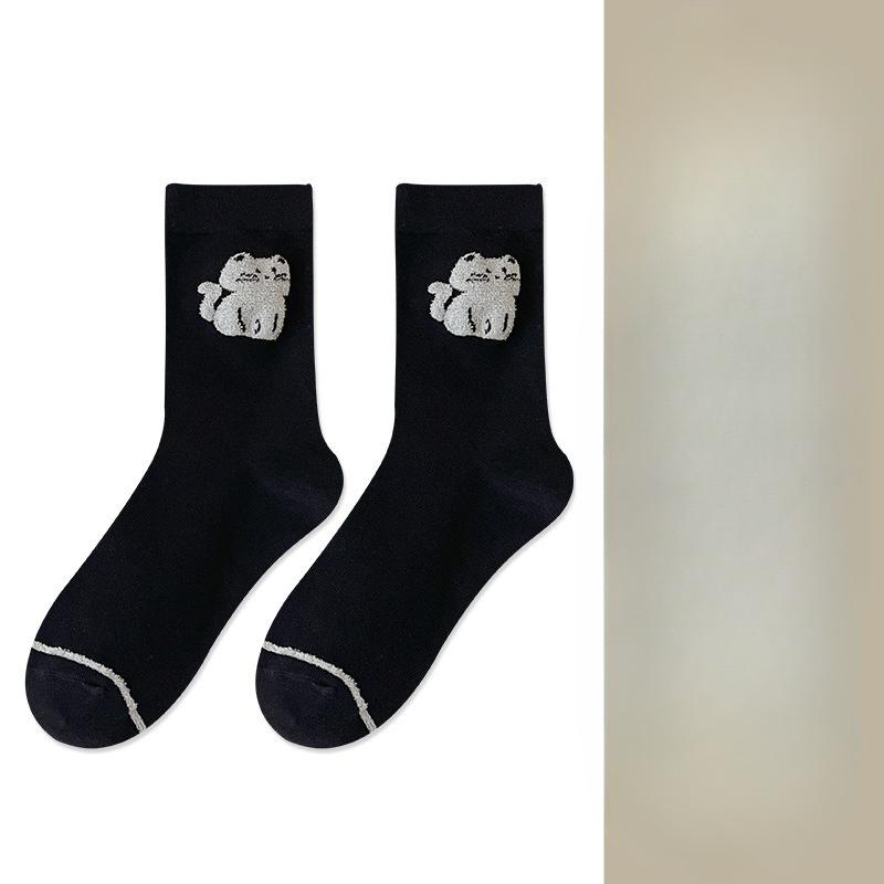 Women's Mid-calf Socks, Cute Plush Puppy, Bow Pile Socks, Pure Cotton Anti-pilling Women's Long Socks