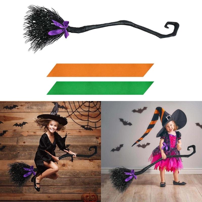 Halloween Party Witch Broom Plastic Broomsticks Kid Broom with Ribbons Props for Halloween Cosplay Costume Party Decor
