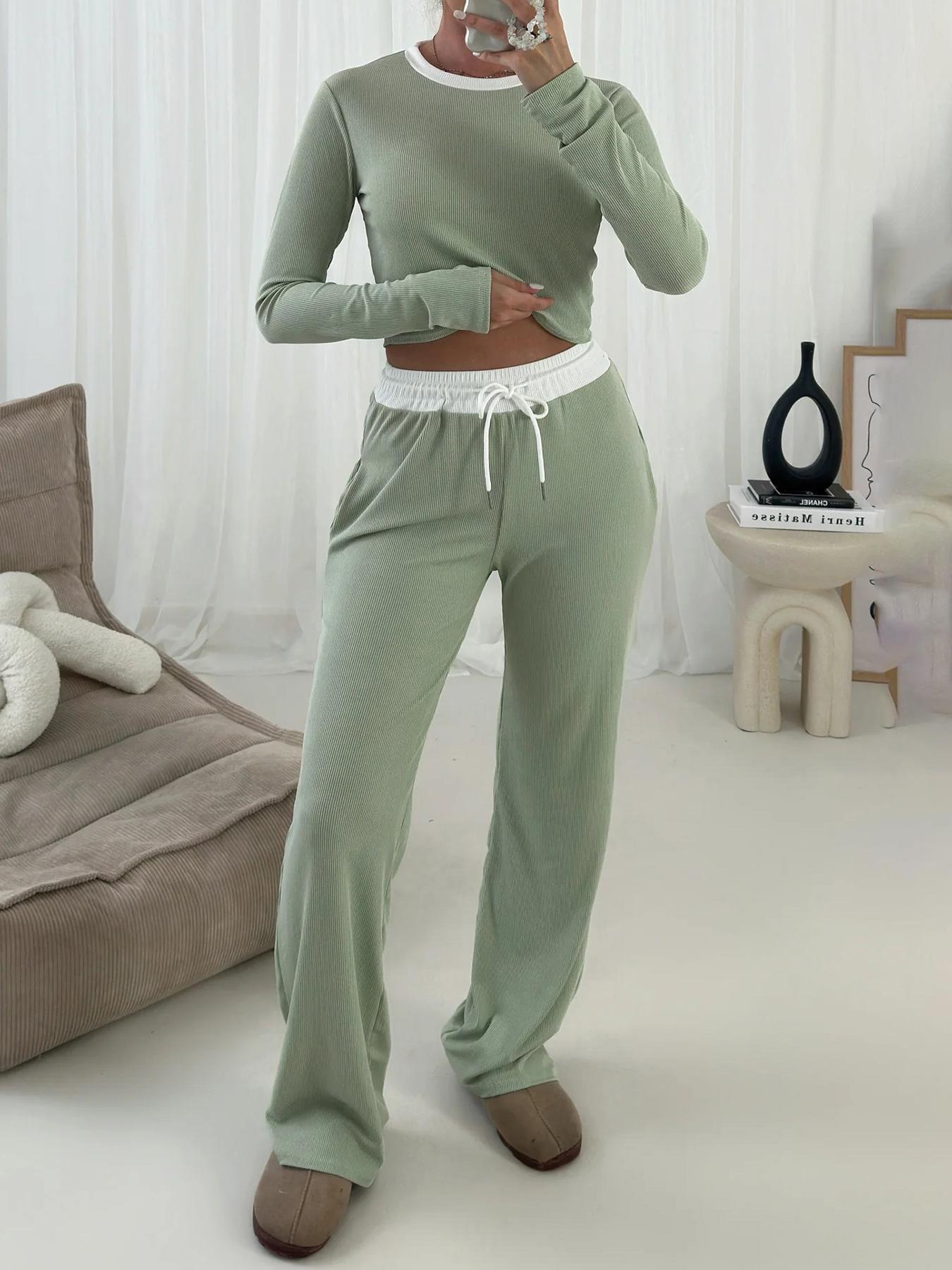 2026 Color Block Round Neck Long Sleeve Drawstring Jumpsuit Medium зелёный