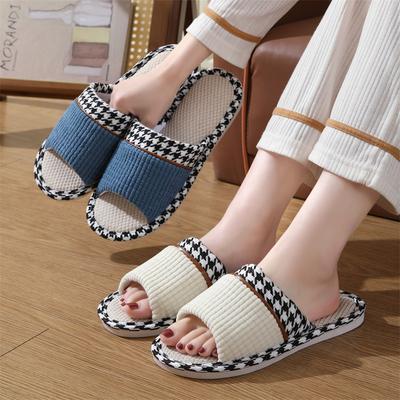 Comfortable Soft Linen Slippers for Women Plaid Pattern Lightweight Flat Bedroom Shoes Woman Non Slip Indoor Home Slippers 2025