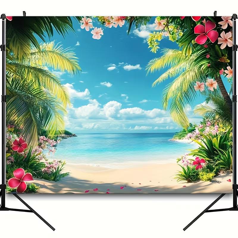 2D Tropical Flower Beach Backdrop Palm Tree Ocean Photography Background