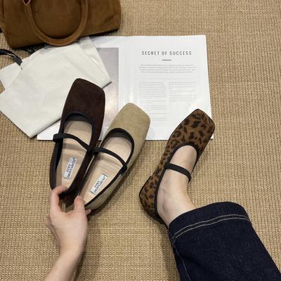 Vintage Wildleder Nische Abendbrise Quadratischer Zeh Mary Jane Schuhe Vielseitig Pendler Flach Leopardenmuster Ballett Einzelne Schuhe Damen