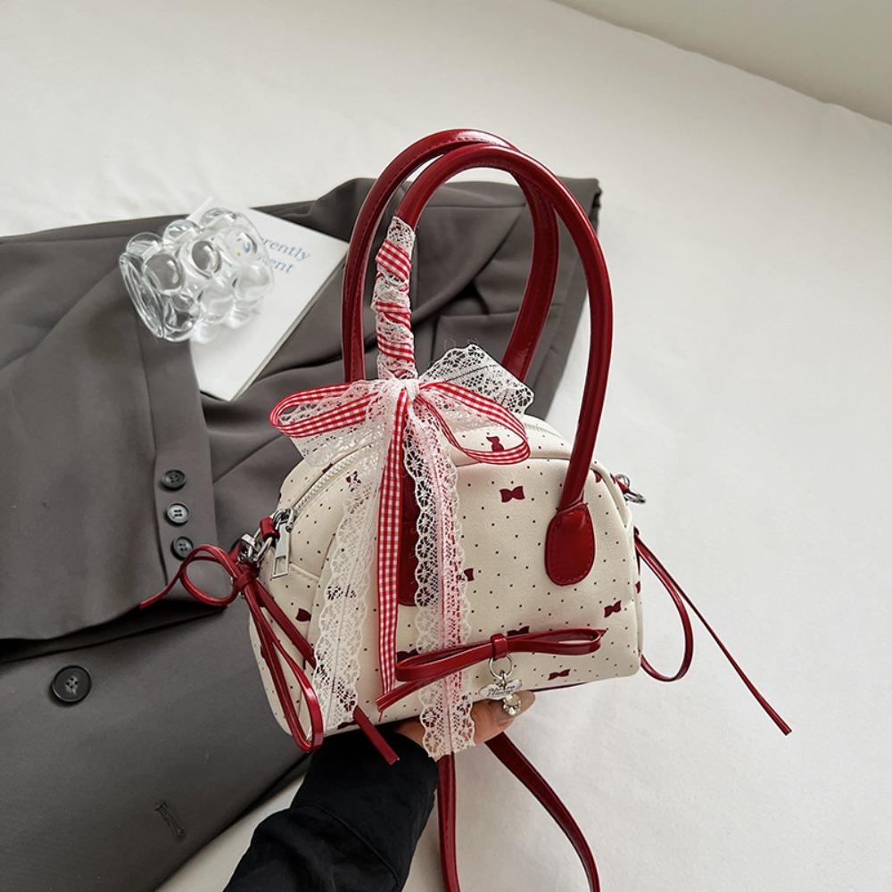 Lace Ribbon Boston Shoulder Bag French Style Women Handbags Fashion Bow Ribbons Bowling Bag  Travel