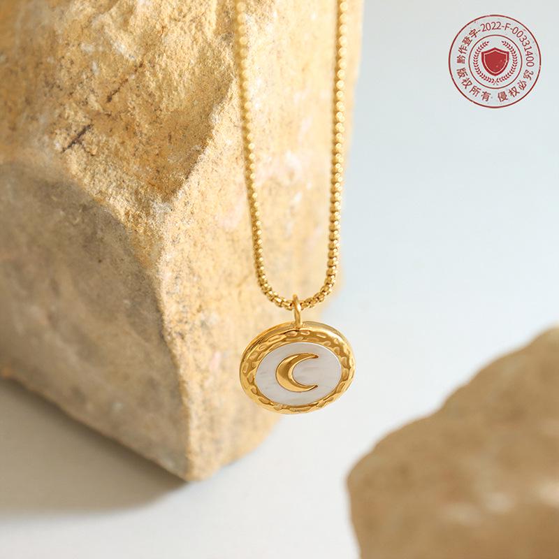 Women's Titanium Steel Jewelry Set: Crescent Moon Necklace, White Shell Earrings, and Non-Fading Bracelet.