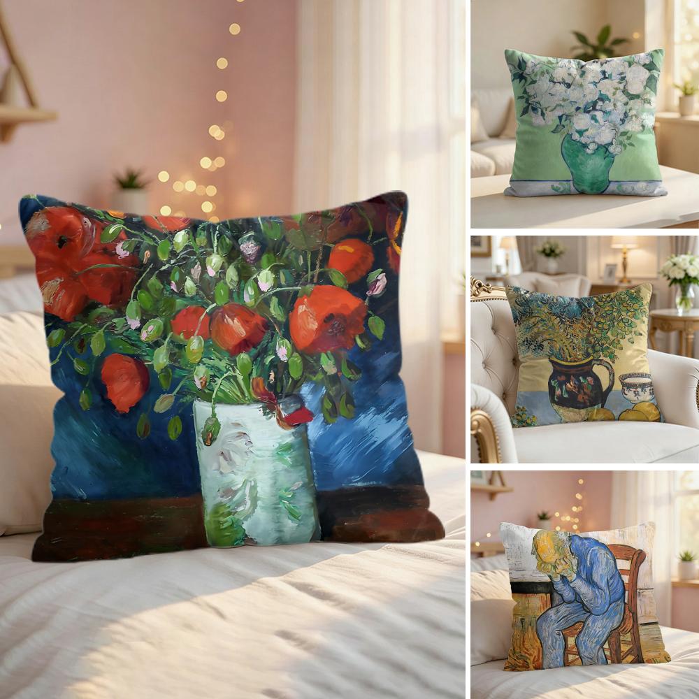 Vincent Van Gogh Oil Art Cushion Cover Silky Short Plush Invisible Zipper Dustproof Sofa Pillow Case For Home Decor