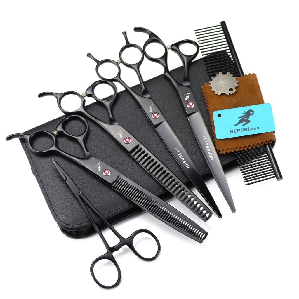 8.0 Black Pet Beauty Scissors Set, Flat Scissors, Curved Scissors, Tooth Scissors, Thin Scissors, Multi-Color 2 Teeth, 4 Fixed Logos.