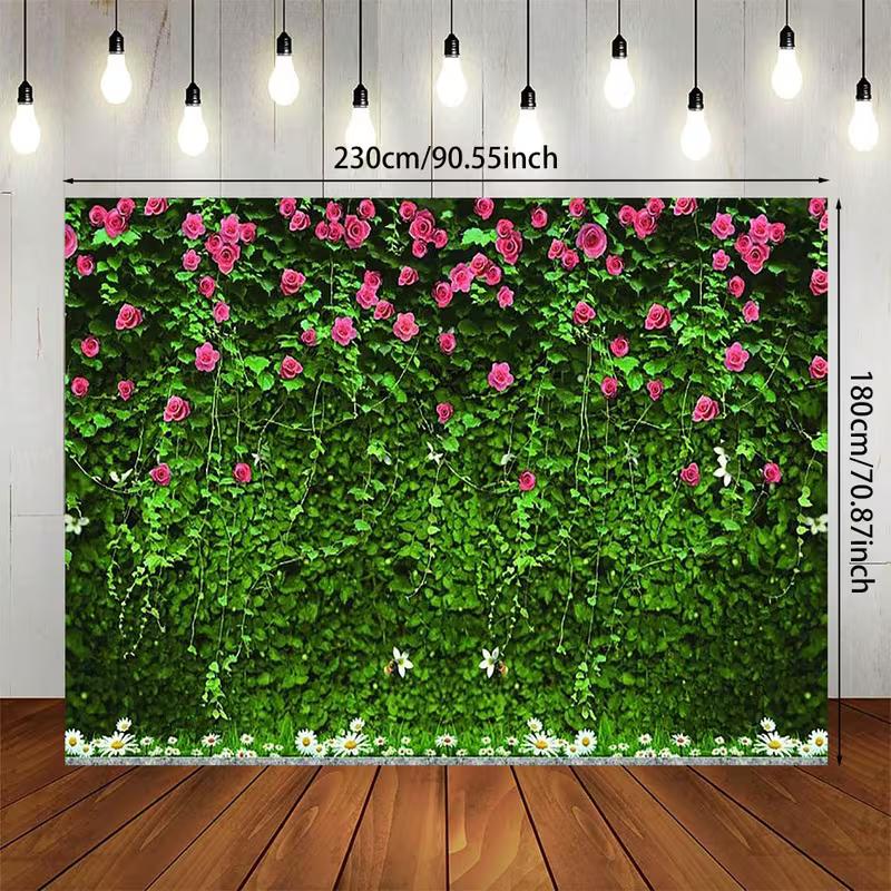 2D Natural Plant Wall with Pink Roses and Daisies Backdrop Photo Background