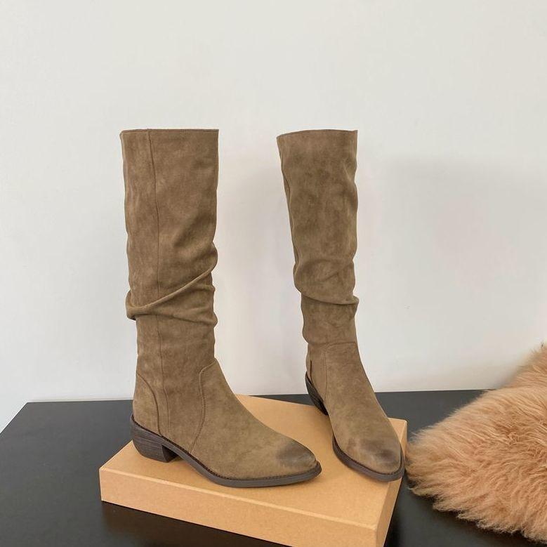 Korean version of retro long boots stacking boots thick heel high boots tall knight boots thin boots medium heel pointed cowboy boots