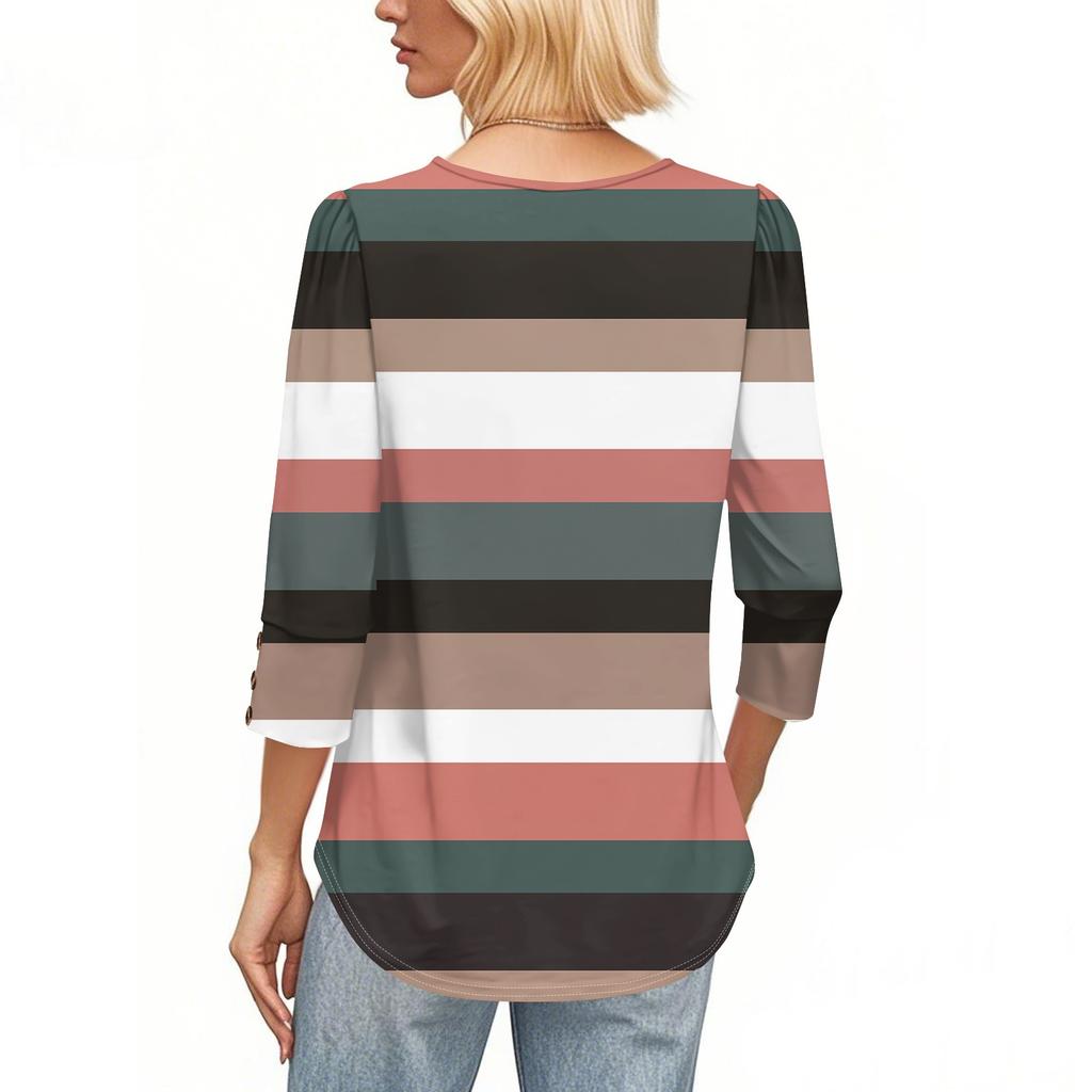 Women's Fashion Casual Striped Print T-shirt Top With Round Neck And Seven Cuff Sleeves