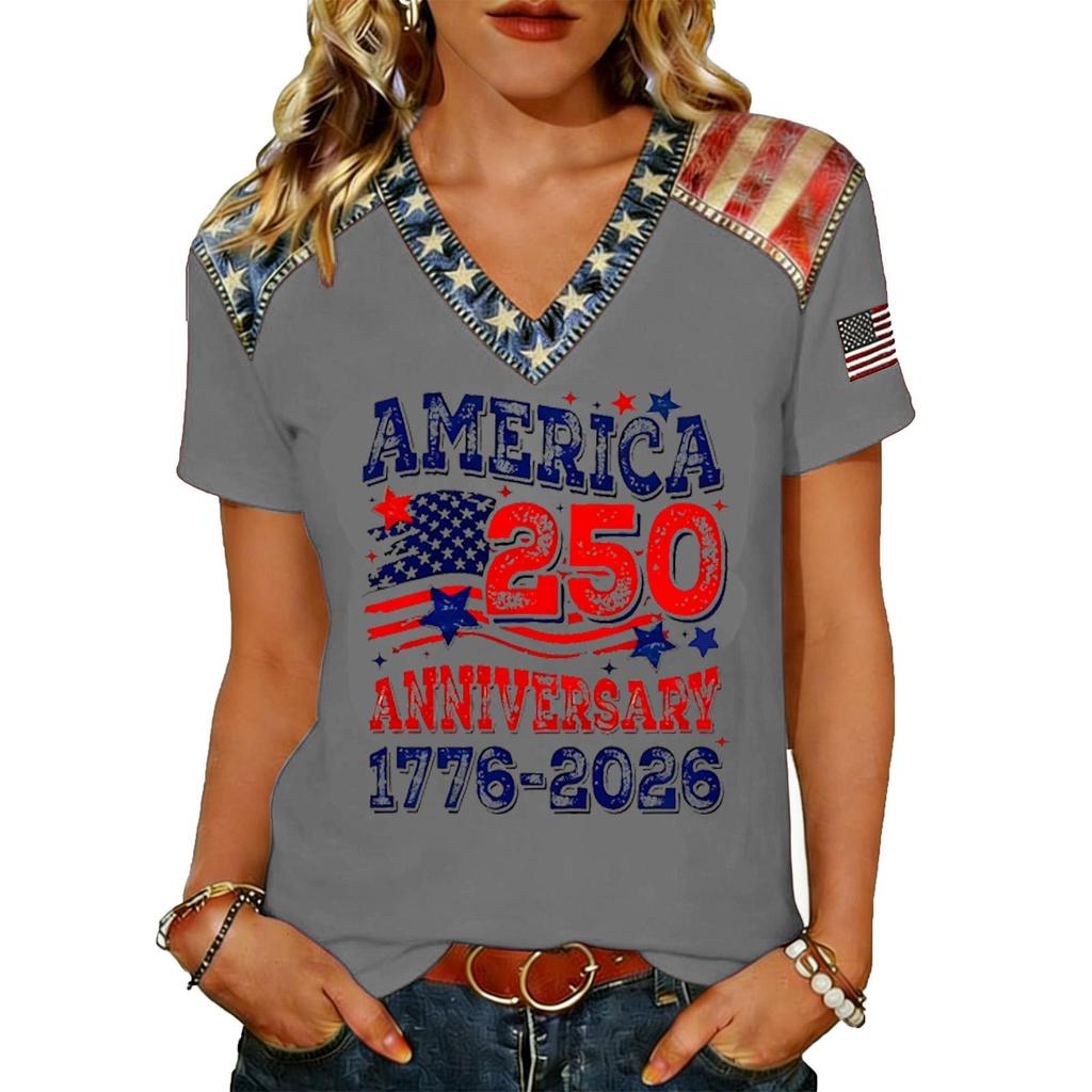 Women's Casual V Neck Short Sleeve Pullover T Shirt Top American Flag Print 250th Anniversary Graphic Tee Lightweight Comfortable