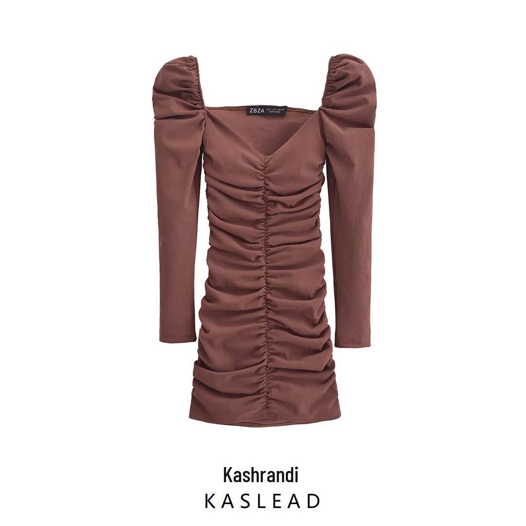 

2025 Spring Fashion: Women s European & American Slim Stretch Pleated Dress Small коричневий