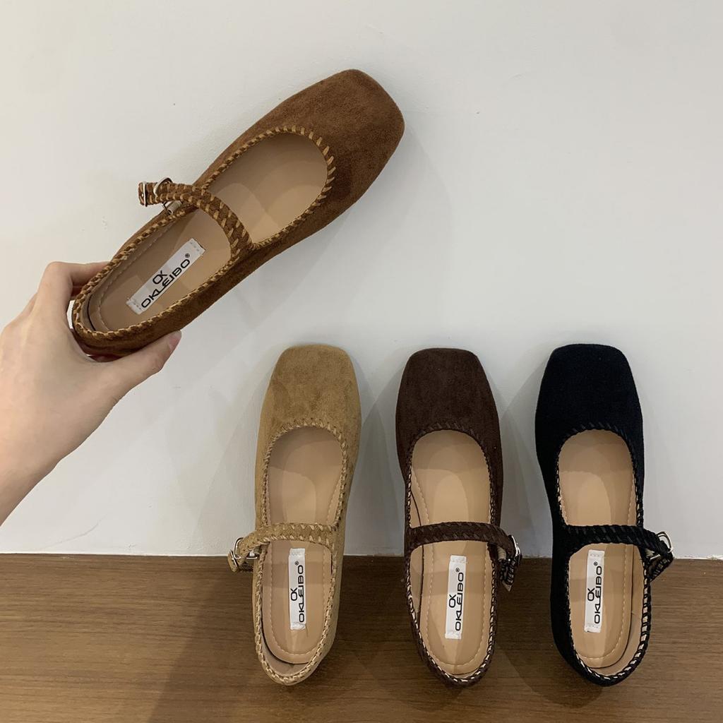 French Suede Ballet Flats Women's 2025 Spring and Autumn New Retro Square Head Casual Flat Mary Jane Single Shoes