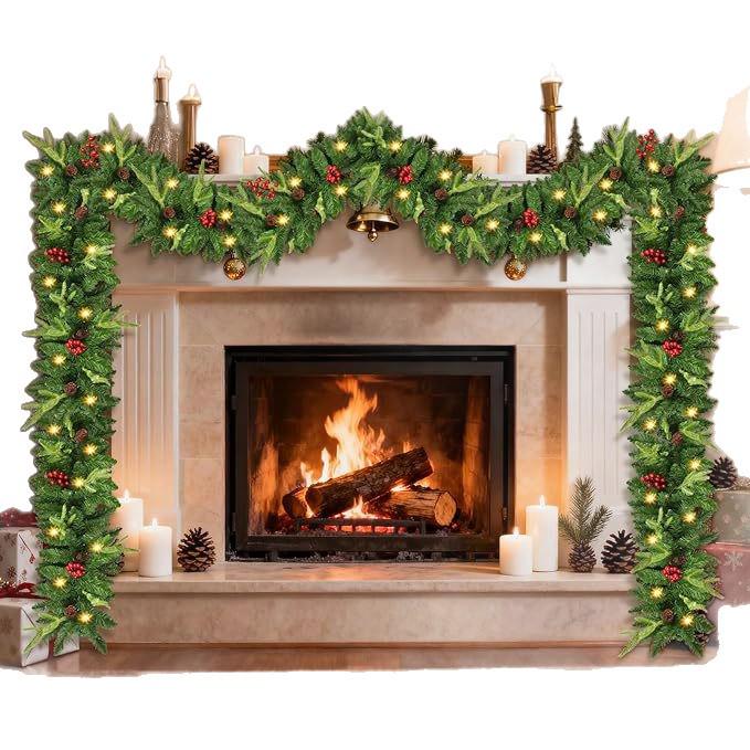 9-Foot Pre-Lit Christmas Garland with Battery Lights, Pine Cones, and Red Berries