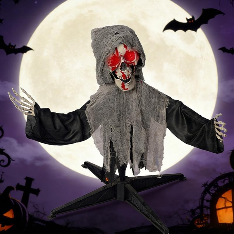 Animierter sprechender leuchtender Totenkopf Gartenspieß Automatisches Schwingen Halloween-Skelette Requisiten für Halloween-Dekorationen Mit realistischen Schwingbewegungen