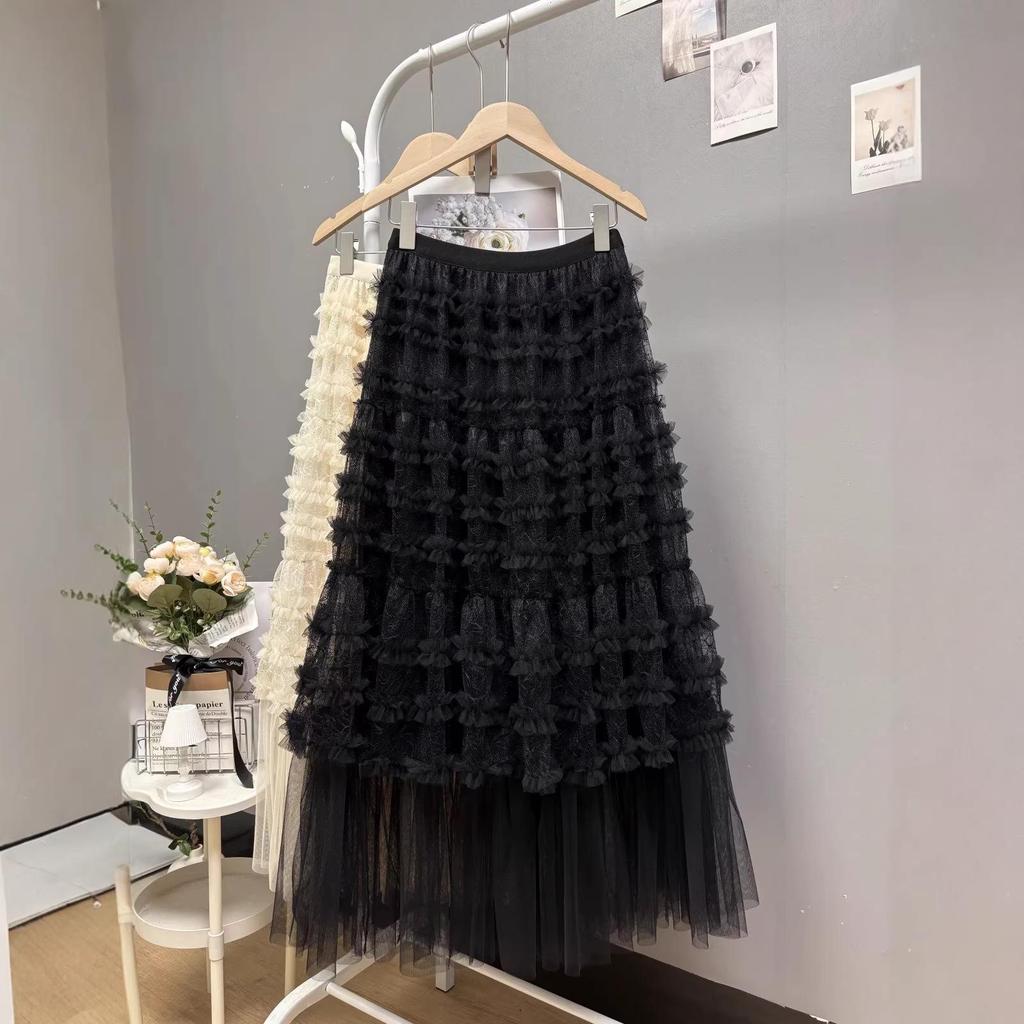 Spring 2026 Women's Irregular Layered Mesh Skirt: Long, Slimming Gauze Design, Heavy Work Detail.