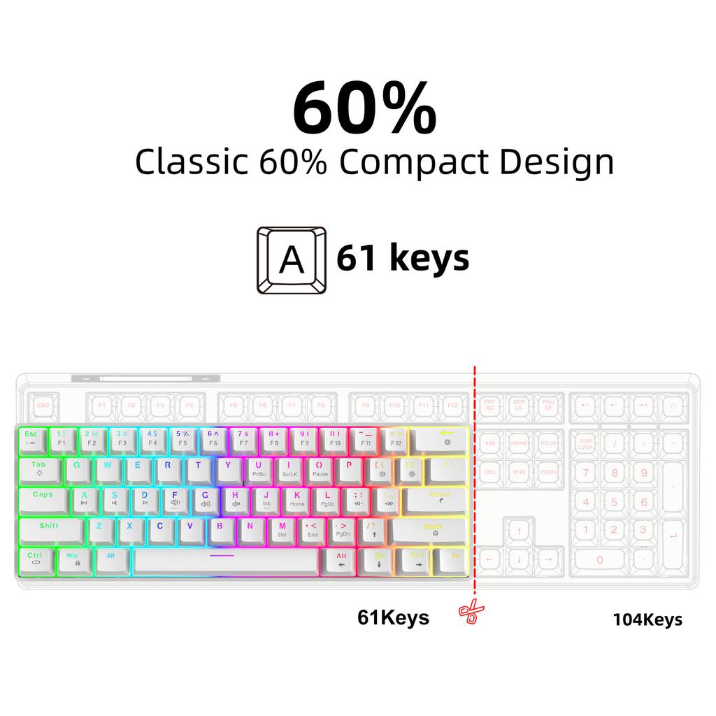 61 Key Mechanical Keyboard, RGB Backlit Gaming Keyboard, All Keys With No Conflicts, Hot Swappable Red Axis
