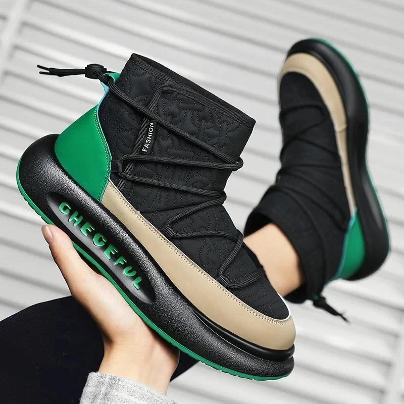 High Top Sneakers Men Winter Plush Snow Boots Fashion Casual Microfiber Leather Down Upper Height Increased Platform Board Shoes