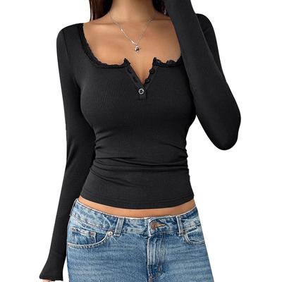 Women Long Sleeve Top Button Neck Pollover
