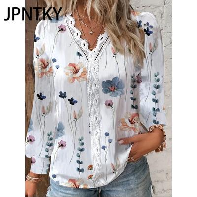 JPNTKY Women's Fashion Casual Spring Autumn Floral Print Long Sleeve V-Neck Blouses & Shirts