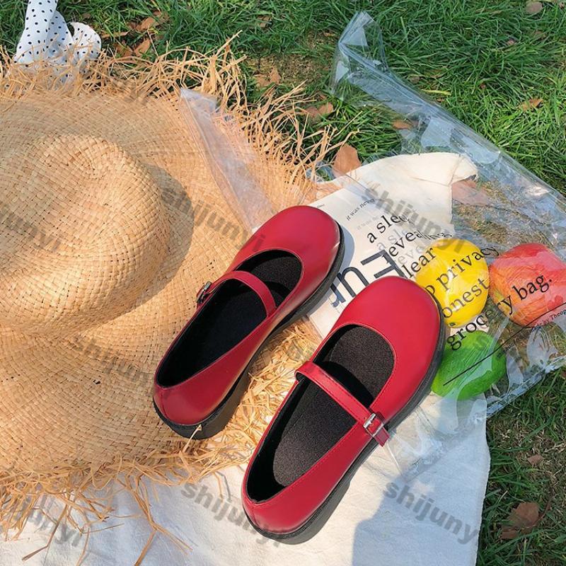 Fashion Women Single Shoe Spring New Red Flat Sole Mary Jane Shoe Leisure Comfortable Leather Square Toe Slip-on Shoes Zapatos Mujer