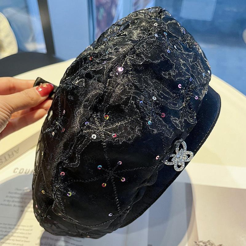 New retro sequined rhinestone butterfly mesh beret women's spring and summer fashion versatile face small painter hat